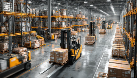 Warehouse scene featuring forklift operator transporting boxes among shelves filled with goods, highlighting the dynamic nature of logistics and industrial efficiencyの素材