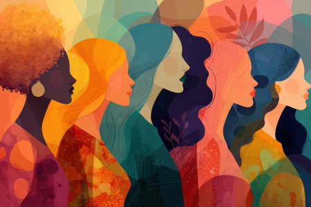 Vibrant illustration of women in profile, displaying diverse hairstyles and colors, representing unity and empowerment through artistic expression and creativityの素材