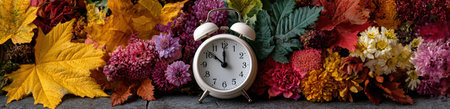 Classic alarm clock is nestled among rich autumn foliage and blooming flowers, capturing the essence of the fall season with inviting colors and texturesの素材