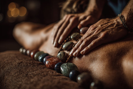 Massage therapist uses healing stones on client's back in a tranquil setting, highlighting soothing ambiance, natural materials, and a focus on wellness and relaxationの素材