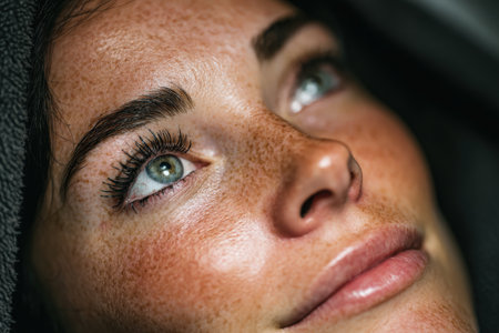 Female with freckles and green eyes gazes thoughtfully while wrapped in a soft towel, highlighting natural beauty and a serene expression in a tranquil settingの素材