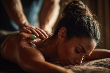 Female client enjoys soothing massage with smooth stones on her back, in a calming spa atmosphere, highlighting relaxation and rejuvenation for wellness experienceの素材
