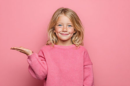 Cheerful young girl in a pink sweater smiles and gestures with her hand against a bright pink background, radiating happiness and innocence in a playful atmosphereの素材