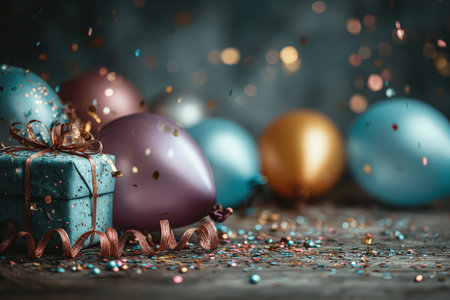 Vibrant balloons in assorted colors are scattered around a decorative gift box with a ribbon, enhancing the joyful ambiance of a celebration or party sceneの素材