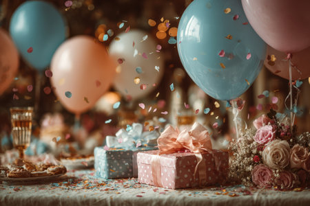 Festive table setting features colorful balloons, wrapped gifts, and scattered confetti, creating a cheerful ambiance for a celebration or party eventの素材