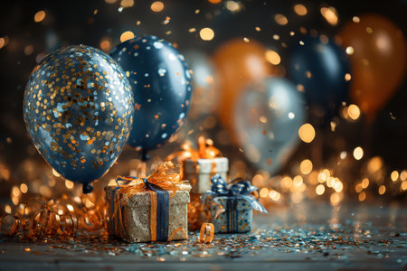 Festive scene featuring colorful balloons, confetti, and wrapped gifts, creating a joyful atmosphere filled with celebration, warmth, and excitementの素材