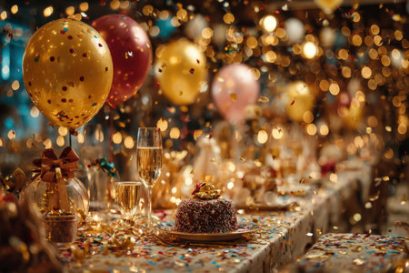 Vibrant party setting with balloons, confetti, and a beautifully decorated cake on the table, evoking a cheerful ambiance for celebrations and gatheringsの素材
