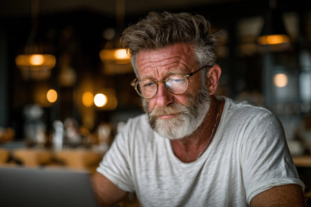 Elderly man with glasses, engaged with laptop in a warm cafe, surrounded by soft lighting and wooden decor, illustrating a blend of technology and comfortの素材