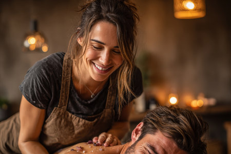 Female massage therapist is giving a relaxing treatment to male client in a tranquil spa setting, with warm lighting and calming atmosphere promoting wellness and relaxationの素材