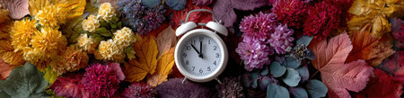 Alarm clock is placed among a variety of colorful autumn flowers and leaves, showcasing rich textures and hues, evoking feelings of warmth and nostalgiaの素材
