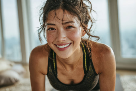 Smiling female athlete is engaged in workout on yoga mat indoors, surrounded by soft textures and natural light, promoting wellness and fitness motivationの素材