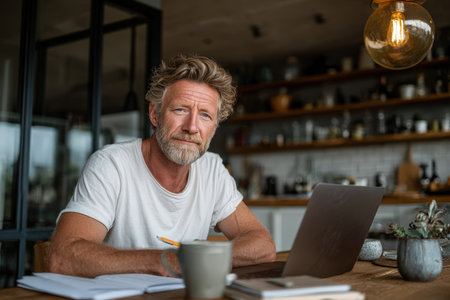 Bearded man is focused on laptop at wooden table, surrounded by plants and kitchen items, creating a warm and inviting home office atmosphereの素材