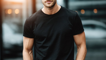 Confident male figure in a black t-shirt stands outdoors, surrounded by a contemporary urban setting, with blurred vehicles and soft lighting creating a dynamic atmosphereの素材