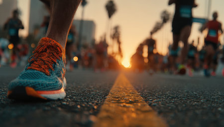 Close-up view of a running shoe on asphalt during marathon, with blurred figures of runners in the background and a beautiful sunset creating a dynamic atmosphereの素材