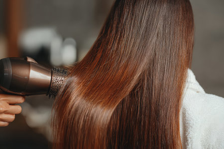 Female stylist is blow-drying long, healthy hair in a salon, surrounded by a warm atmosphere and beauty tools, emphasizing personal care and groomingの素材