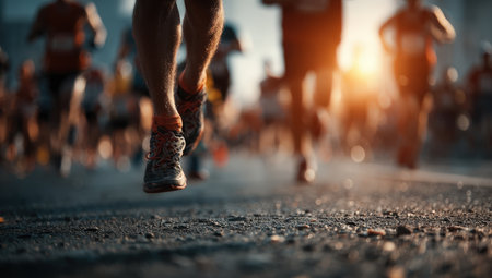 Athletic runner's feet are in motion on the road during a marathon, surrounded by blurred competitors, showcasing the dynamic atmosphere of the raceの素材