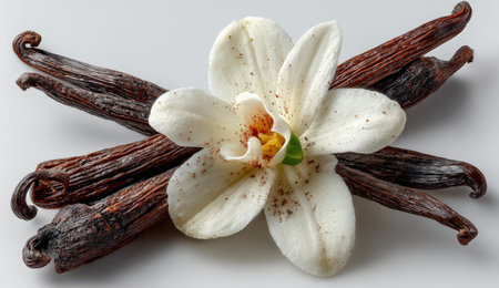 Elegant white orchid flower rests on dark vanilla pods, highlighting the contrast of colors and textures, ideal for culinary or aromatic themes in food photographyの素材