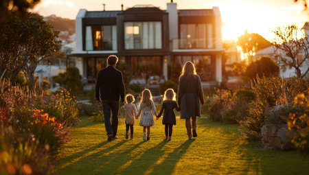 Family strolls through a vibrant garden at sunset, with blooming flowers and a contemporary home in the background, evoking feelings of unity and warmthの素材