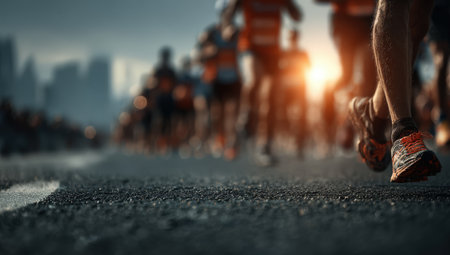 Marathon runners are captured in motion on a city street, with a stunning sunset backdrop enhancing the vibrant energy of the race and showcasing athleticismの素材