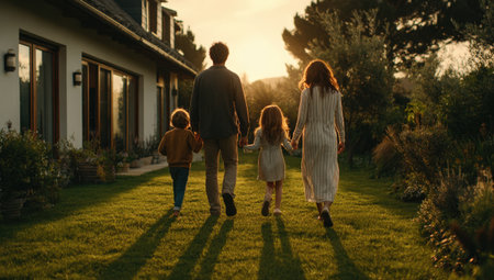 Family strolls together on a vibrant lawn at sunset, with a beautiful garden and home in the background, embodying warmth and connectionの素材