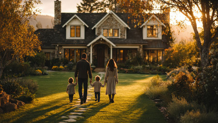 Family strolls hand in hand along a stone path towards a charming house, with vibrant flowers and trees framing the scene, evoking feelings of warmth and connectionの素材