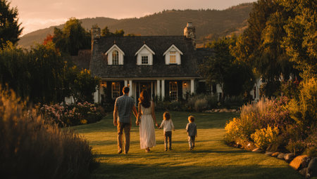 Family strolls together on a beautiful lawn in front of a cozy home at sunset, with colorful flowers and trees creating a peaceful atmosphereの素材