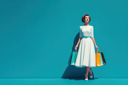 Stylish female figure in a classic white dress poses against a bright turquoise backdrop, showcasing colorful shopping bags, creating a vibrant shopping atmosphereの素材