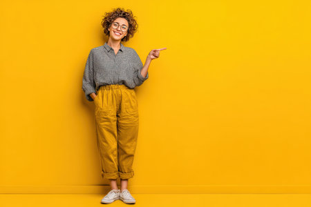 Cheerful young woman with curly hair wearing a checkered shirt and yellow pants stands against a vibrant yellow background, smiling and gesturing, creating a lively sceneの素材