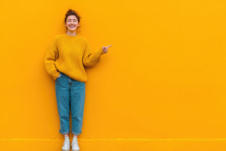 Female with curly hair in a yellow sweater stands against a bright yellow wall, smiling and pointing, creating a joyful ambiance with ample copy spaceの素材