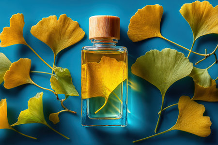 Elegant glass perfume bottle filled with yellow liquid, surrounded by fresh ginkgo leaves on a blue surface, highlighting nature's beauty and sophistication in fragranceの素材