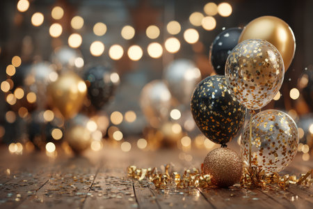 Festive balloons in various colors with confetti scattered on wooden floor, creating a joyful ambiance for celebrations, surrounded by soft bokeh lightsの素材