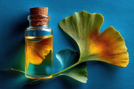 Glass container with golden liquid rests beside colorful ginkgo leaves, creating a harmonious scene that highlights nature's elegance and organic aestheticsの素材