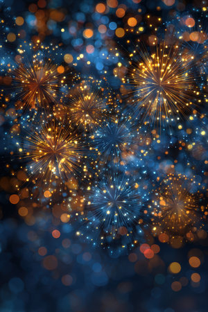 Abstract background showcases vibrant bursts of fireworks in orange and blue, surrounded by sparkling bokeh lights, creating a festive and celebratory ambianceの素材