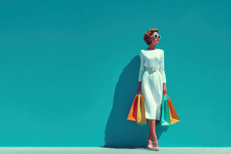 Stylish female figure in a chic white dress poses against a bright turquoise backdrop, holding vibrant shopping bags, showcasing contemporary fashion and lifestyleの素材