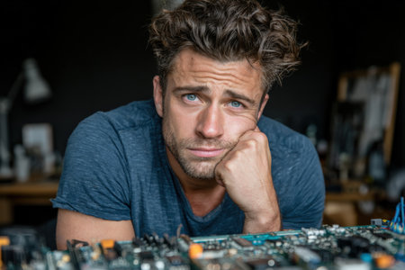 Male electronics enthusiast is resting his chin on hand, surrounded by intricate circuit boards and tools, reflecting a moment of contemplation in a modern workspaceの素材