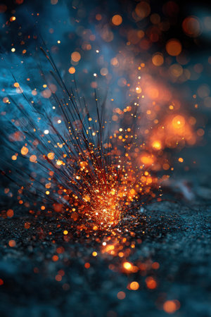 Erupting sparks of orange and gold light up the surface, creating a captivating scene filled with vibrant colors and a blurred background that adds depth and intrigueの素材