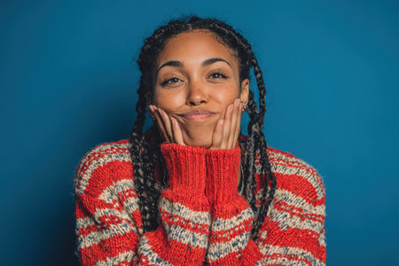 Joyful African American woman with braided hair, wearing a cozy red and white striped sweater, smiles warmly against a bright blue background, radiating positivity and happinessの素材