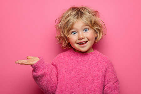 Cheerful young girl with curly blonde hair, dressed in a soft pink sweater, smiles brightly against a vivid pink backdrop, radiating joy and playfulnessの素材