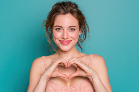 Smiling female is creating heart shape with hands, showcasing happiness and warmth against a bright turquoise backdrop, radiating positive energy and affectionの素材