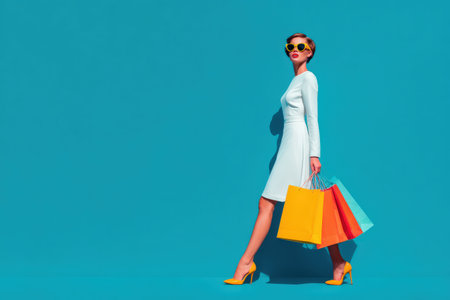 Stylish female figure in a white dress and yellow heels, walking confidently against a bright blue backdrop, holding vibrant shopping bags, showcasing contemporary fashion and lifestyleの素材