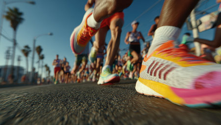 Colorful running shoes are prominently featured on pavement as diverse runners engage in marathon, highlighting energy and excitement of athletic competition in bright outdoor atmosphereの素材