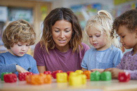 Female teacher guides children in playful learning with colorful building blocks on a classroom table, encouraging creativity and collaboration in a vibrant educational environmentの素材
