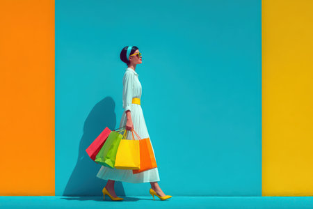 Stylish female figure in a white dress, holding bright shopping bags, walking confidently against a bold blue and orange backdrop, embodying contemporary fashion and consumer cultureの素材
