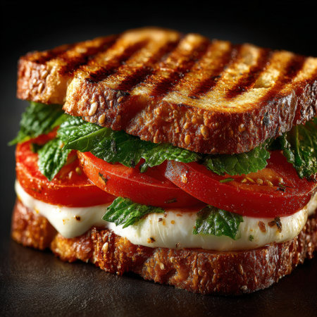 Delicious grilled sandwich featuring fresh tomatoes, mozzarella cheese, and mint leaves on toasted bread, highlighting vibrant colors and textures in a culinary settingの素材