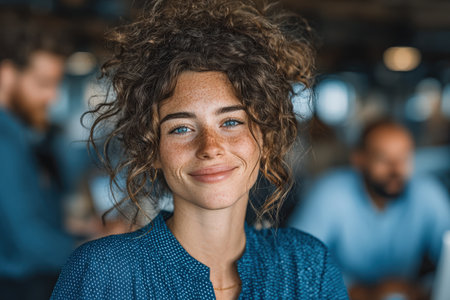 Smiling young woman with curly hair and freckles in a blue shirt, in a lively workspace, with colleagues in the background, creating a friendly and collaborative environmentの素材