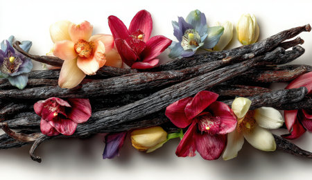 Fresh flowers in various colors are artistically arranged with vanilla pods on a textured surface, highlighting the beauty of nature and vibrant colorsの素材