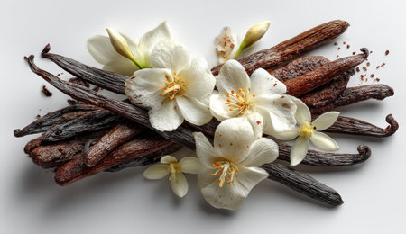 Beautiful composition of vanilla pods intertwined with white flowers on a smooth surface, highlighting the elegance of nature and culinary artistryの素材