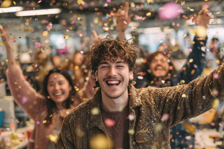 Joyful young man celebrates with friends in a vibrant indoor setting, filled with colorful confetti, showcasing a lively atmosphere of fun and camaraderieの素材