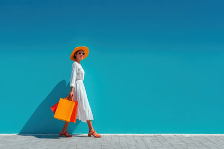 Fashionable woman in white dress and yellow hat strolls against bright blue wall, carrying shopping bags, showcasing a vibrant and trendy urban lifestyleの素材