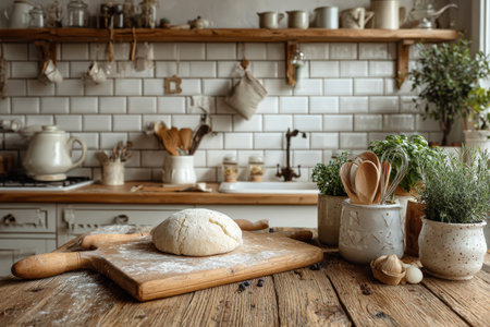 Dough is resting on a wooden board in a rustic kitchen, surrounded by fresh herbs, utensils, and a charming ambiance that inspires cooking and bakingの素材